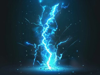VFX effect of a lightning bolt striking the ground. Blue electric or magic thunderbolt impact, crack, and wizard energy flash. A powerful electrical discharge, presented as a cartoon vector