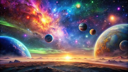 Trippy colorful of a planet landscape with stars, planets, and nebulas in the night sky, space, art, colorful, planets