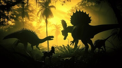 Dinosaurs in prehistorical jungle.