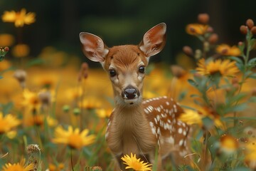 A Young Fawn Standing in a Field of Yellow Flowers