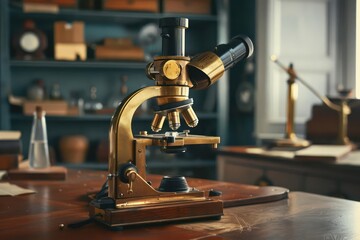 Highdefinition shot of a vintage microscope with augmented reality enhancements, with room for text