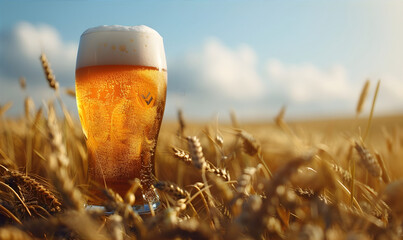 Background with a cold beer glass on the wheat field. Bottle of beer with wheat light background. Tasty alcoholic beer illustration. Oktoberfest, Belgian Beer Weekend. Beer festival concept.