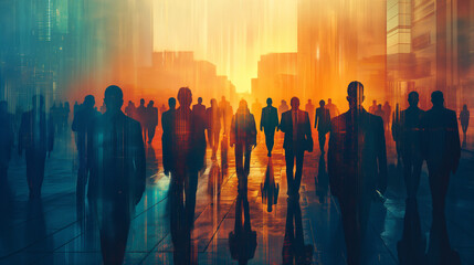 Fototapeta premium Silhouetted businesspeople walking in a colorful abstract cityscape.