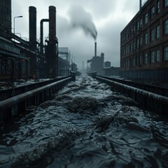 Fototapeta premium A desolate industrial site with polluted water stream and smokestacks emitting smoke under an overcast sky.