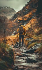 Obraz premium Hiker in Orange Jacket Trekking Through Mountain Trail. Generative ai