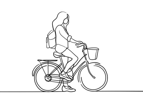 recommend clip art: Girl on a bicycle with a backpack continuous line art drawing isolated on white background. Vector illustration. 