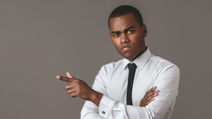 Serious businessman with short hair pointing and crossing arms in front of gray background. He is wearing a white shirt and black tie, expressing determination and authority