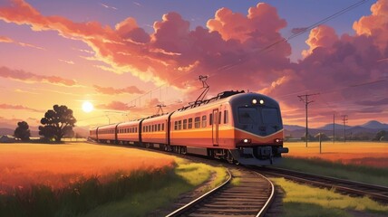 Fototapeta premium train at sunset vibrant purple orange sky and clouds