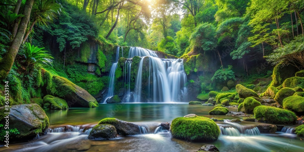 Wall mural A tranquil waterfall nestled among vibrant greenery, moss-covered rocks, and towering trees , nature, waterfall, lush, greenery - Wall murals