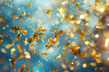 Golden confetti in mid-air against a softly blurred blue background, creating a dynamic yet serene scene with each piece glimmering as it falls.