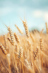 Fototapeta premium Wheat harvest. Large plan wheat field with a sun. Ears of wheat big plan. Summer Wheat Harvest Season. Lughnasa celebration concept. 