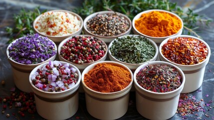 Fototapeta premium Cups of different seasonings and spice background