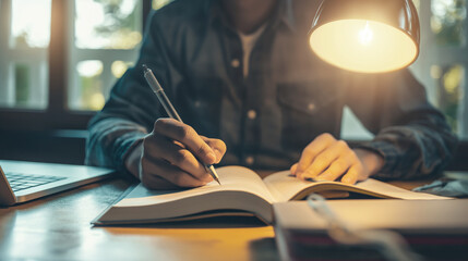 Person writing in notebook at desk with lamp light. Warm lighting creates focused and studious atmosphere