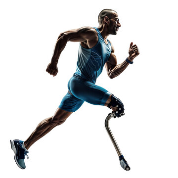 A disabled runner with a prosthetic c-shaped running blade leg on transparent background. Para athletics. Paralympic and parasport concept. Full body view for set, poster, element for design