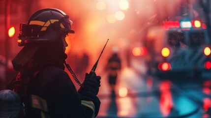 Firefighter talk on radio phone at fire site