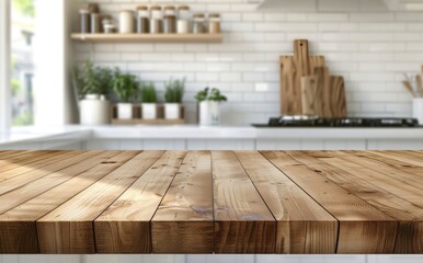 Background of blurry kitchen counter (room) with wood table top.