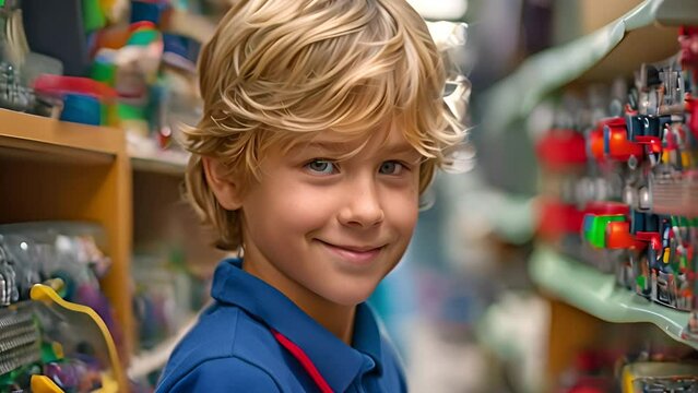 In STEM class, a blonde boy wearing a blue shirt is observing a motherboard, thinking, and grinning.