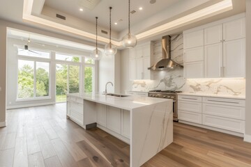 A gorgeous kitchen in a new luxury home with granite counter tops and a farmhouse sink.