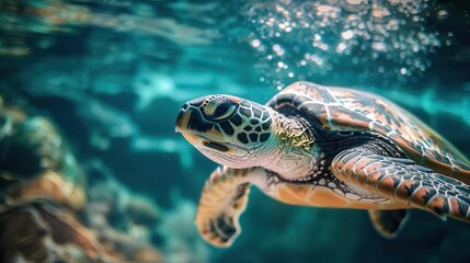 Obraz premium closeup of a sea turtle swimming underwater marine life and ocean conservation underwater photography