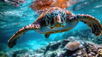 Fototapeta premium closeup of a sea turtle swimming underwater marine life and ocean conservation underwater photography