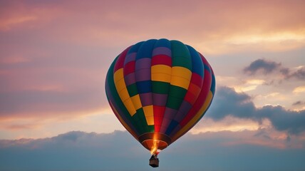 Fototapeta premium Colorful hot air balloons flying in the sky, sunset in the background.