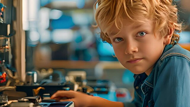 In STEM class, a blonde boy wearing a blue shirt is observing a motherboard, thinking, and grinning.