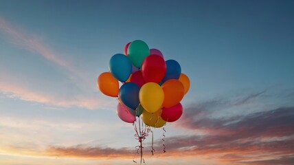Fototapeta premium Colorful balloons flying in the sky, sunset in the background.