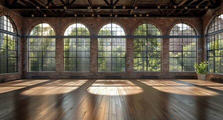 Fototapeta premium Sunlit Room With Large Arched Windows and Wooden Floor