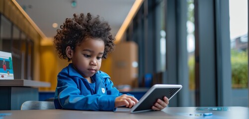 Child in a blue uniform, using a tablet at a sleek, tech-enabled desk in a contemporary classroom.