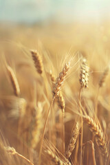 Obraz premium Wheat harvest. Large plan wheat field with a sun. Ears of wheat big plan. Summer Wheat Harvest Season. Lughnasa celebration concept.