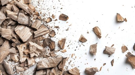 crushed wood pieces and dust on white background organic texture top view photography