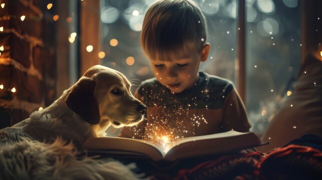 Little kid reading a glowing magic book with a dog at home.