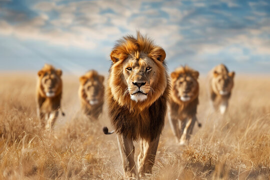 A lion is leading a group of lions through a field,, generative ai image