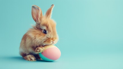 Fototapeta premium Cute baby rabbit with colorful Easter Eggs over blue background.