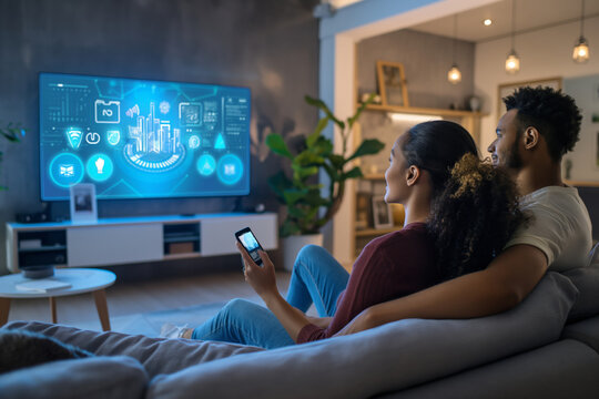 A man and a woman are relaxing on a comfortable couch together, watching TV in a smart home controlled environment.The smart home control system likely allows them to adjust the lighting, temperature - Powered by Adobe