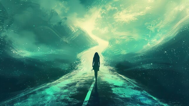 energetic woman confidently navigating crossroads choosing path to greener future digital art