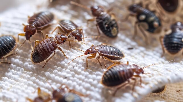 extreme closeup of bed bugs crawling on white fabric macro insect pest infestation concept