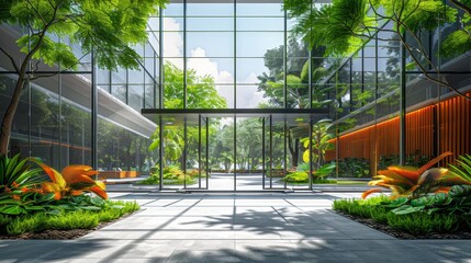Obraz premium Modern glass building lobby with lush indoor garden, sunlight, and green landscaping. Contemporary architectural design and urban nature integration.