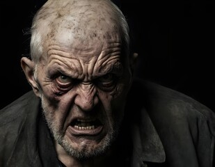 Obraz premium Close Up Portrait of an Angry Elderly Man With Gray Hair and a Black Shirt