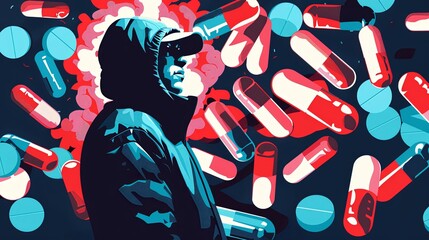 A vivid vector illustration featuring a hooded figure amidst a backdrop of various floating pills and capsules, symbolizing themes of drug use and awareness