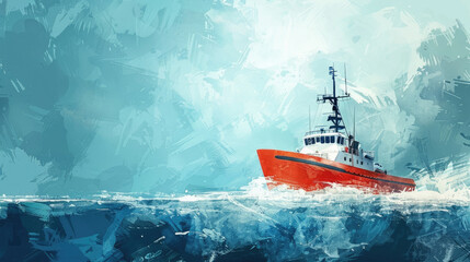 watercolor illustration, vintage postcard, United States Coast Guard Day, large ship on the background of the water surface, copy space, free space for text