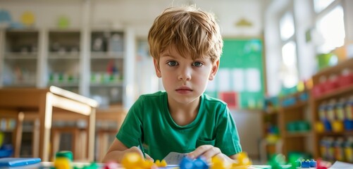 Little boy in a green shirt, focusing on his art project in a bright, minimalist classroom.