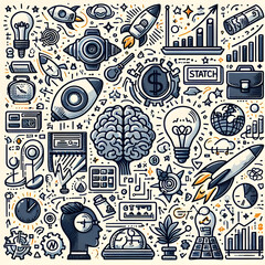 Business idea and startup doodle line icon set depicting concepts of strategy, finance, and innovation with rocket and brain icons. Vector illustration.