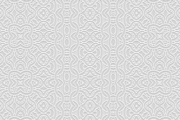 Embossed white background, cover design, banner. Geometric tribal elegant 3D pattern. Ethnic ornaments, arabesques, handmade. Art Deco, traditions of the East, Asia, India, Mexico, Aztec, Peru.