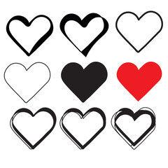 Collection of red and blank hearts icon, Hand-drawn hearts.Vector symbol icon set. black and red love illustration design.