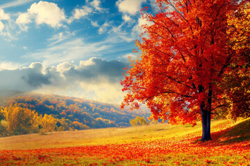 Naklejka premium In the center of a grassy field stands a tree with vibrant red leaves, surrounded by the natural landscape of the ecoregion. Poster