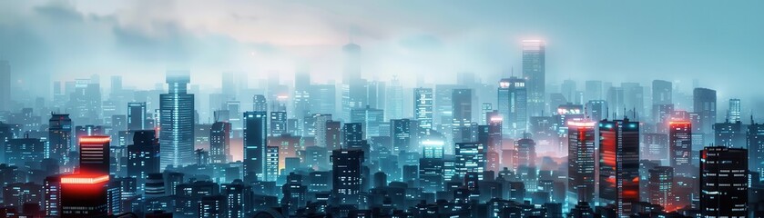 Futuristic cityscape with skyscrapers, illuminated buildings, and a hazy skyline showcasing modern urban architecture at dusk.