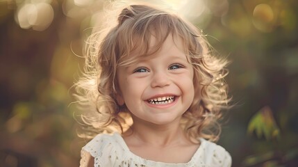 Joyful Toddler Smiling Outdoors in Sunlit Garden with Curly Hair and White Dress