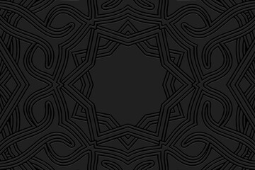 Embossed black lorem background, cover design, banner. Geometric tribal abstract 3D pattern. Ethnic ornaments, mandala, handmade. Art Deco, traditions of the East, Asia, India, Mexico, Aztec, Peru.