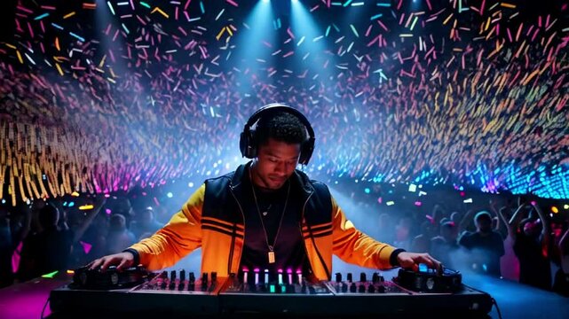 DJ spinning turntable records against backdrop of live electronic music with bright lights and dance beats